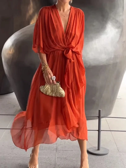 Monica™ – Robe Longue Femme en Mousseline de Soie Élégante Encolure en V