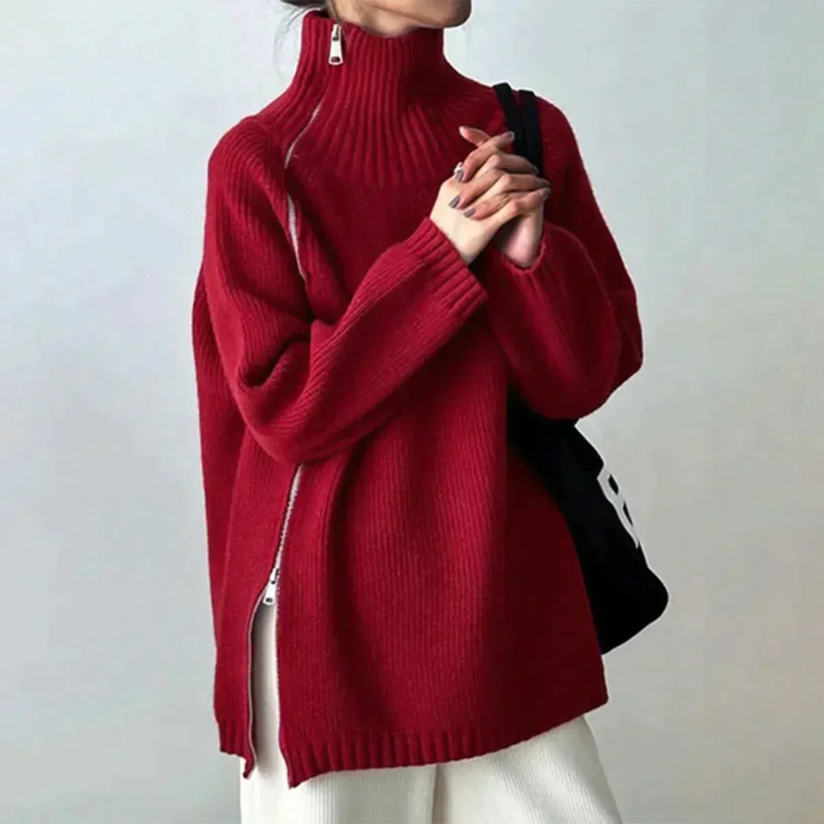 Pull Rouge Élégant Col Montant Pour Femme