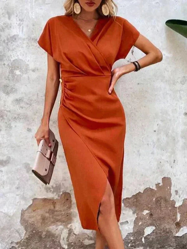 Robe Élégante Femmes - Robe Plissée Col V Manches Courtes
