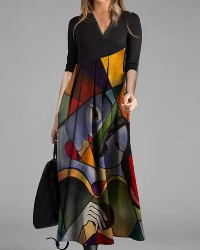 Robe Femme Chic - Robe Droite Classique à Manches Longues avec Imprimé Géométrique & Décoration Plissée - LuxeStyle