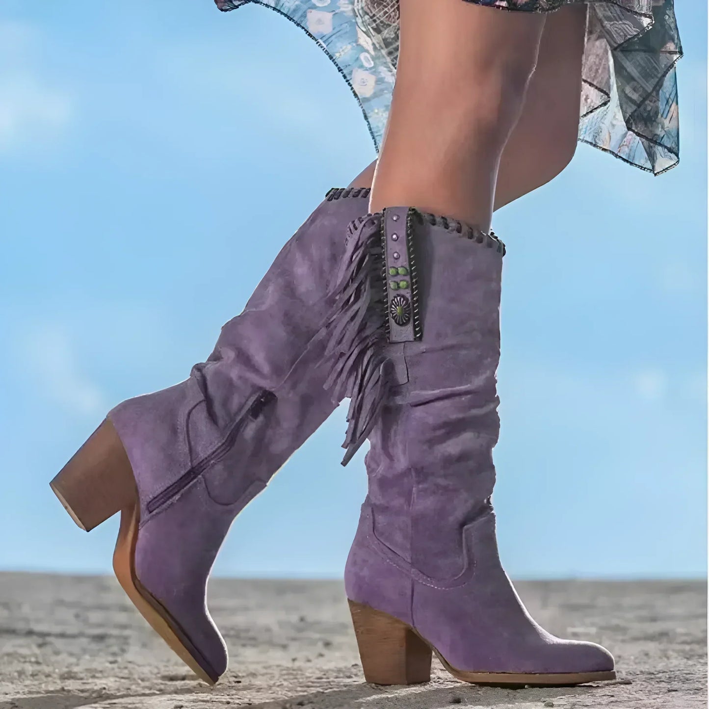 Bottes Femmes Western en Cuir Authentique avec Franges & Talon Bloc