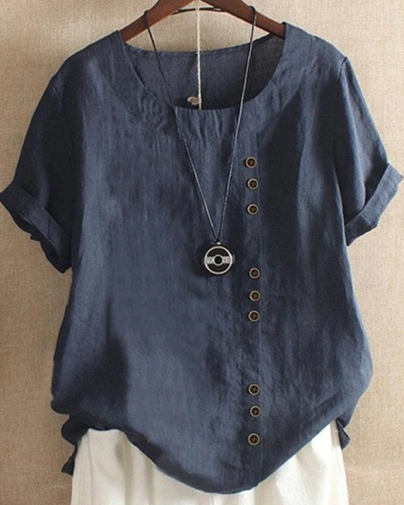 Blouse Lin Élégante Manches Courtes Boutons Féminins