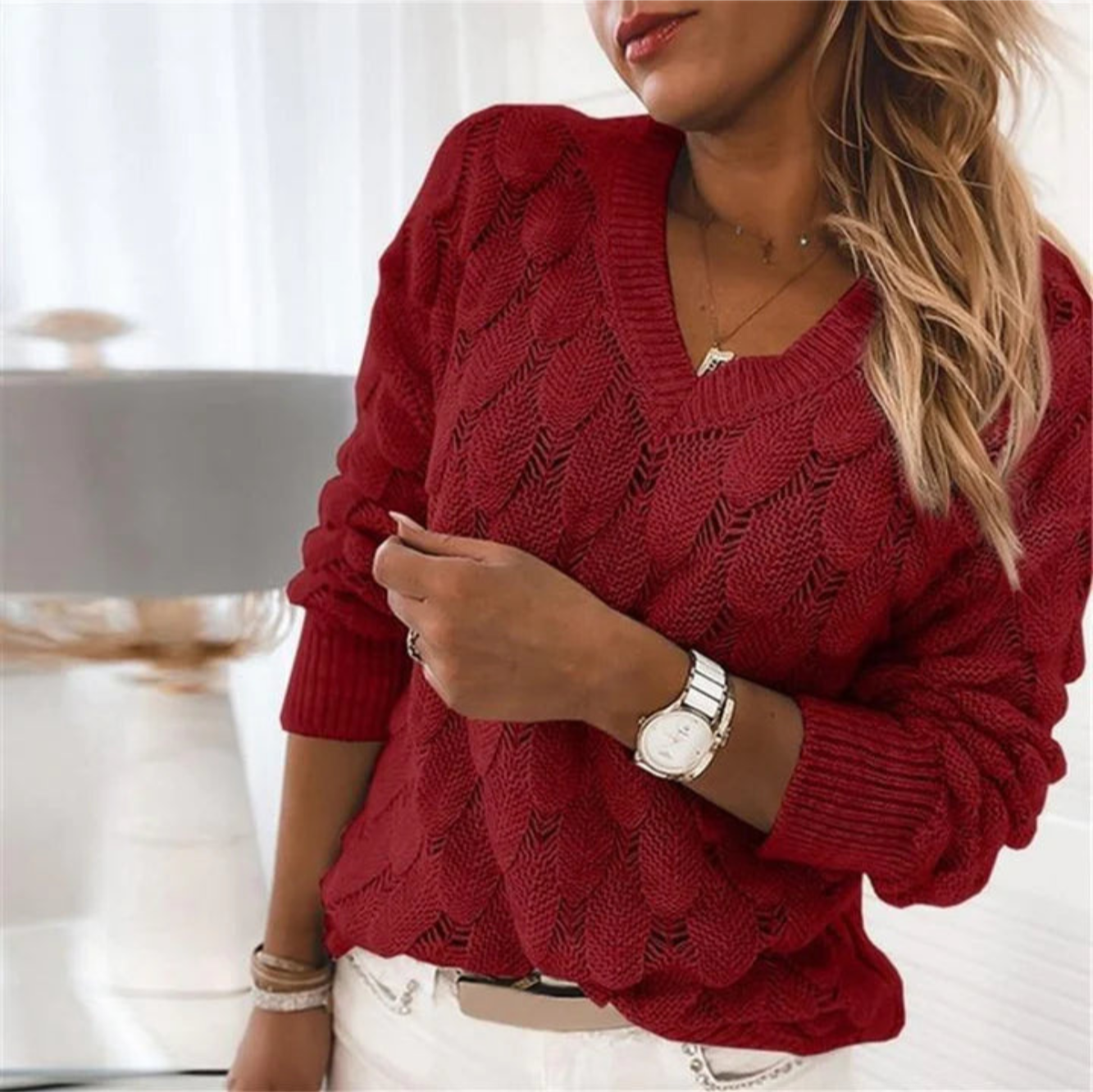 Pull Femme Élégant Gris Col V Manches Longues