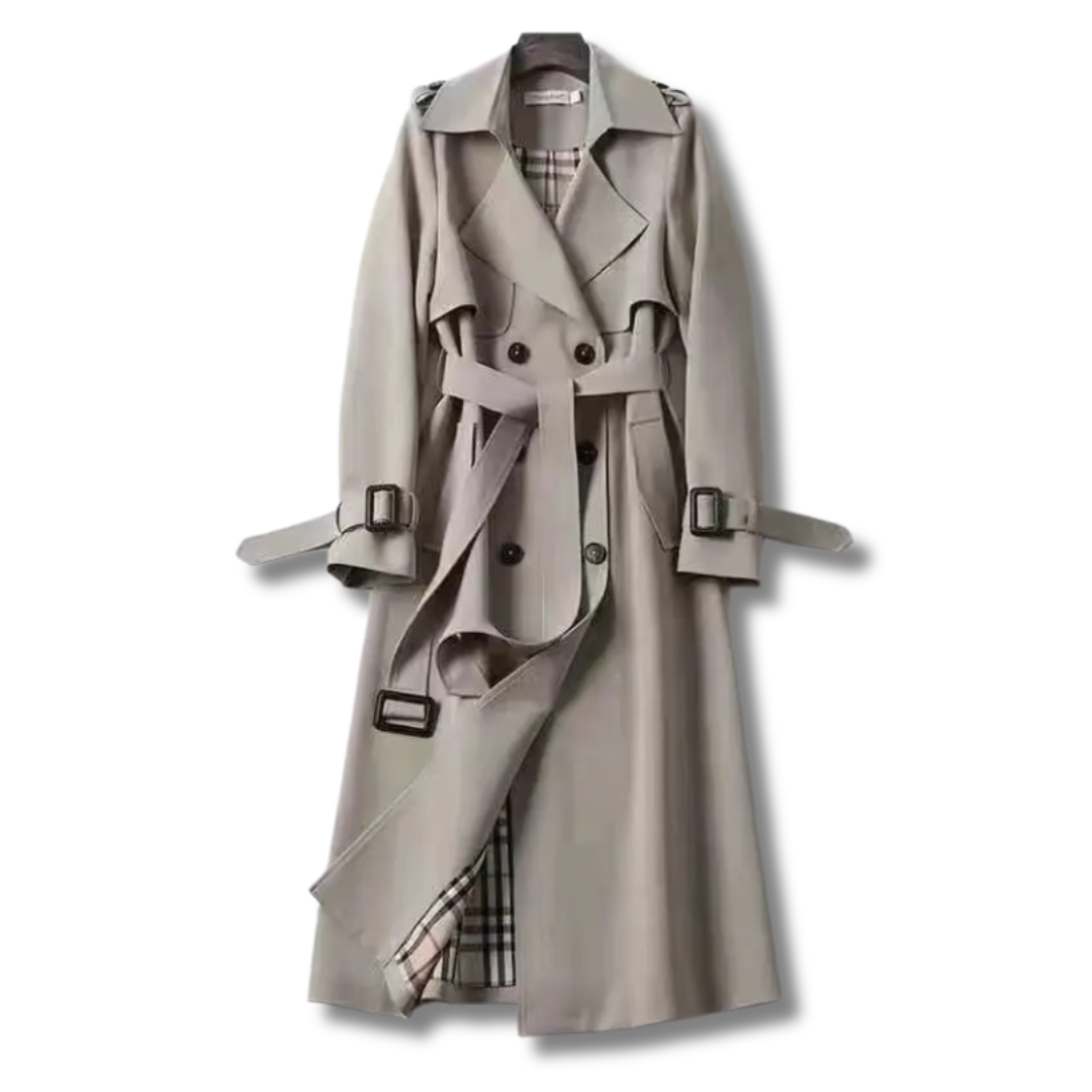 Manteau Femme Élégant Beige à Ceinture et Doublure Écossaise