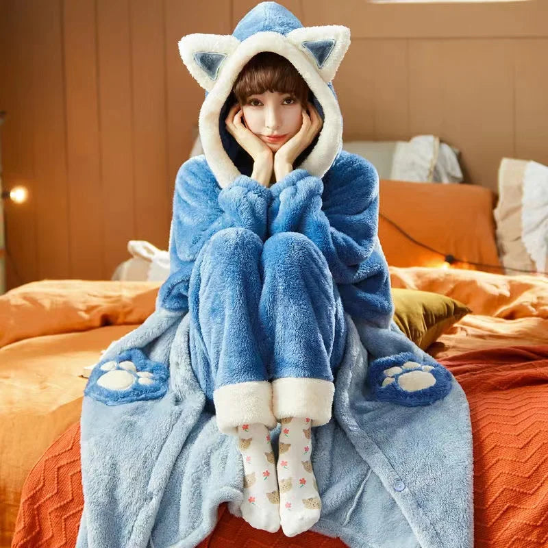 Pyjama Femme Hiver Long Coupe Décontractée avec Capuche