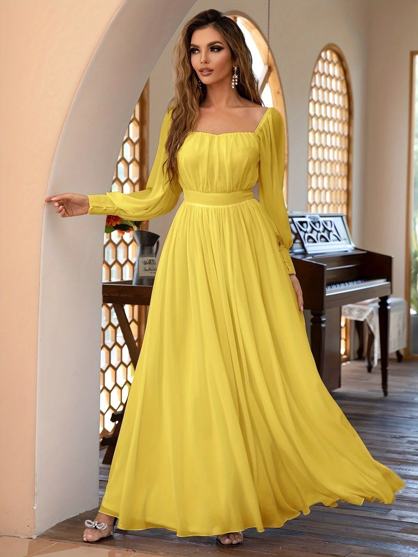 Robe de Soirée Élégante pour Femme Blanc Longue Manches