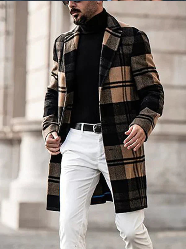 Manteau Homme Hiver Mi-Long aux Carreaux avec Manches Longues - LuxeStyle