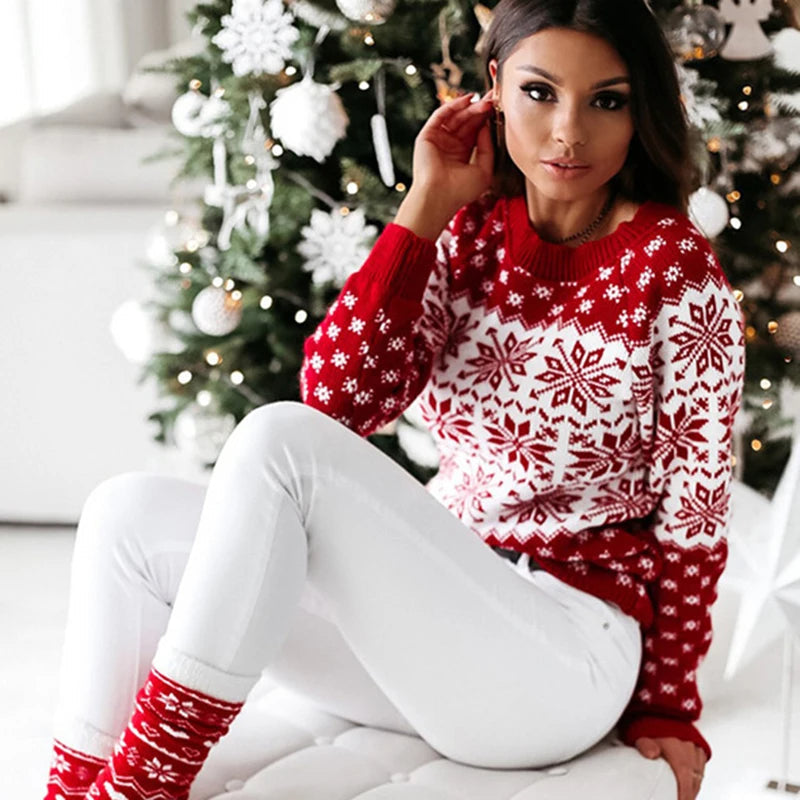 Pull Hiver Rouge Blanc Femme Neige Étoilé - LuxeStyle