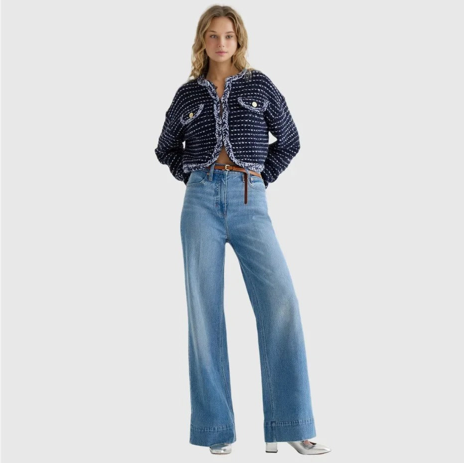 Jean femme confortable taille haute avec poches et style décontracté