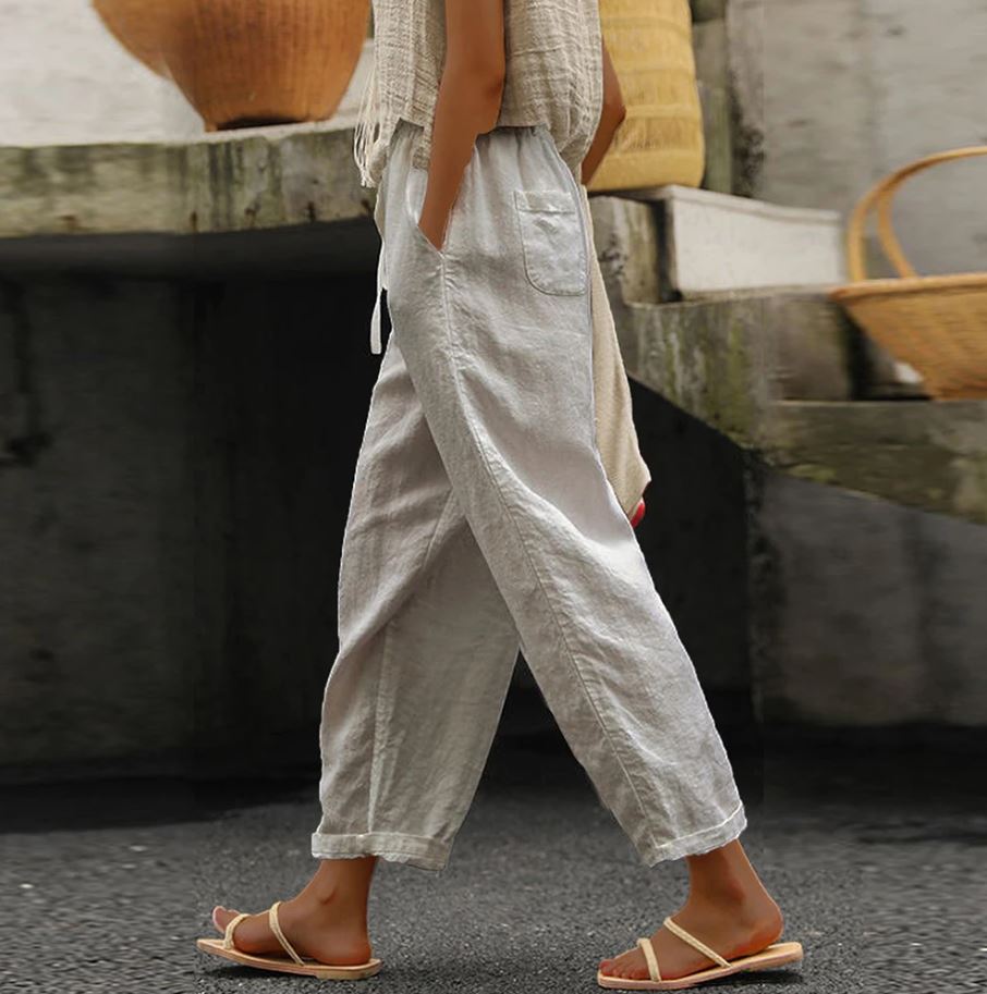 Pantalon casual chic noir femme en lin