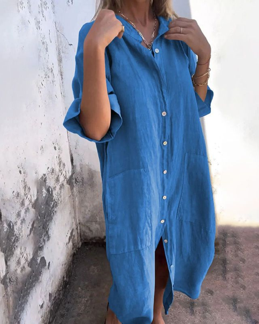 Robe Femme Élégante en Coton - Robe Chemisier Fluide avec Boutons et Ourlet Long