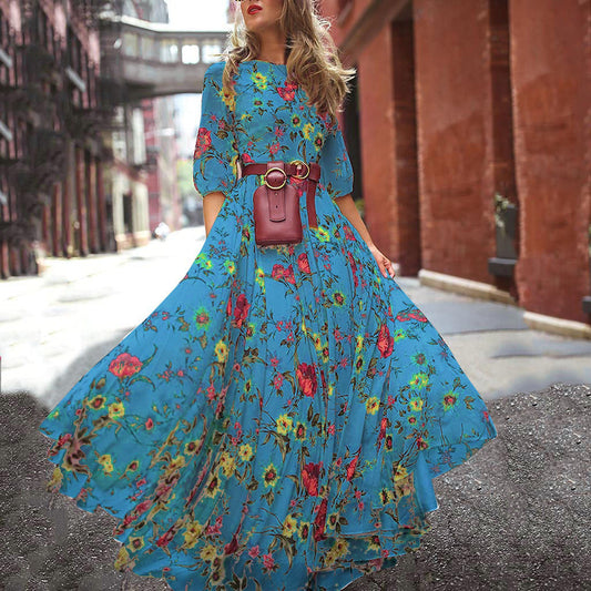 Robe Été Florale avec Manches Courtes et Décolleté Arrondi pour Femme - LuxeStyle