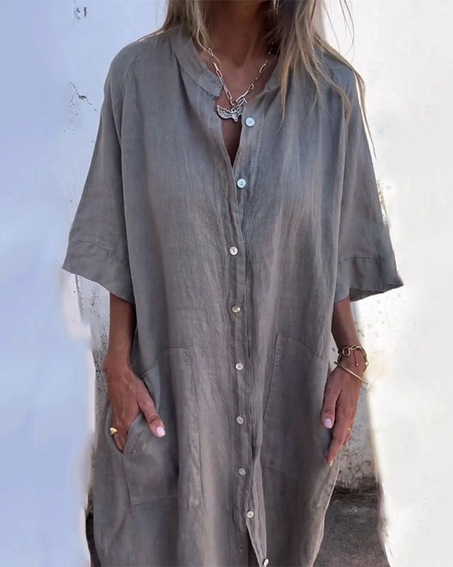 Robe Femme Élégante en Coton - Robe Chemisier Fluide avec Boutons et Ourlet Long - LuxeStyle