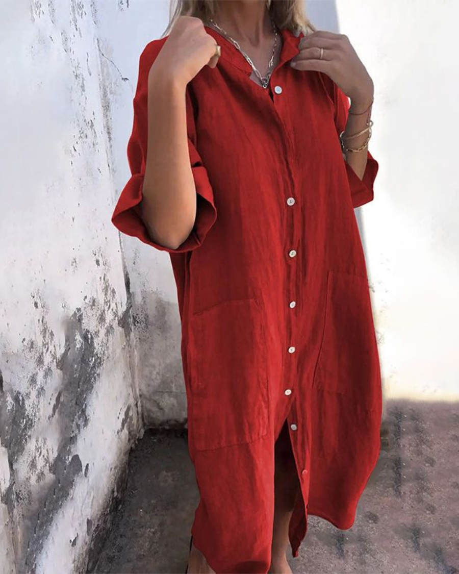 Robe Femme Élégante en Coton - Robe Chemisier Fluide avec Boutons et Ourlet Long