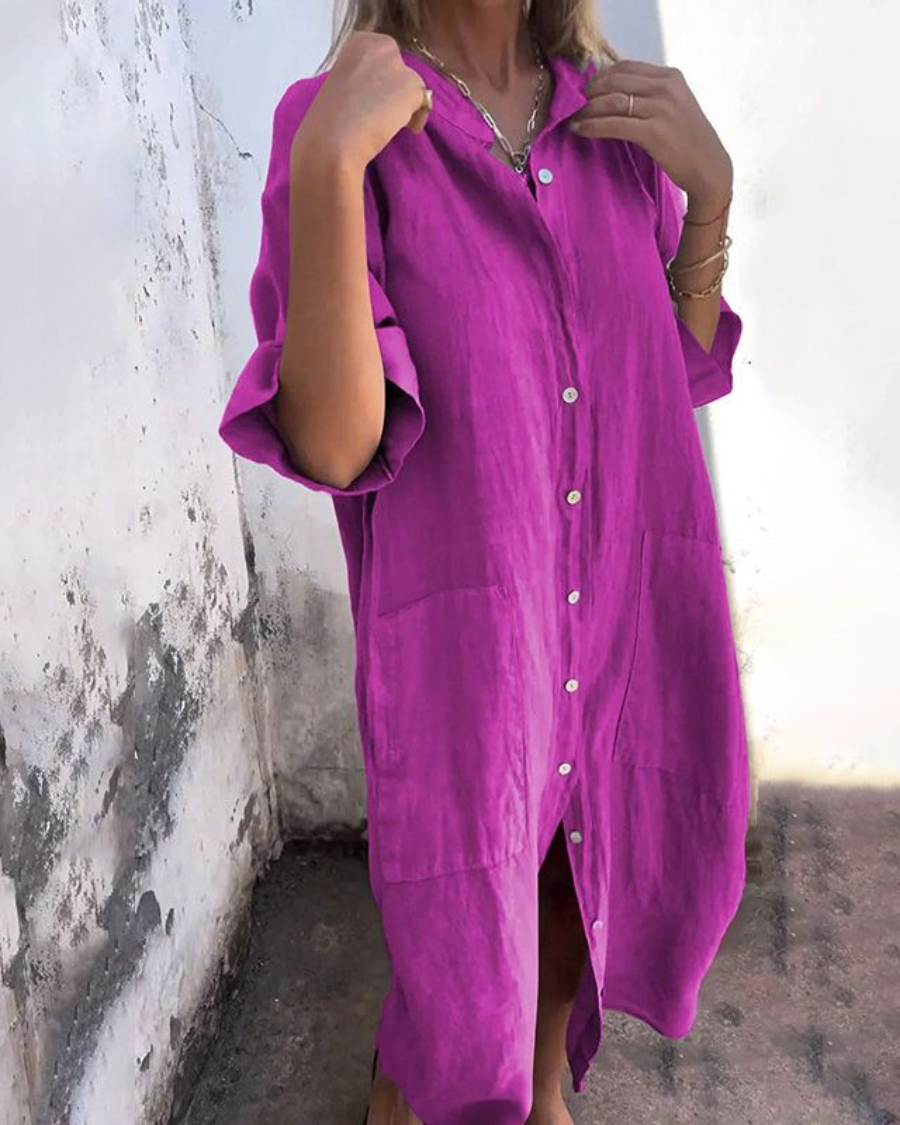 Robe Femme Élégante en Coton - Robe Chemisier Fluide avec Boutons et Ourlet Long