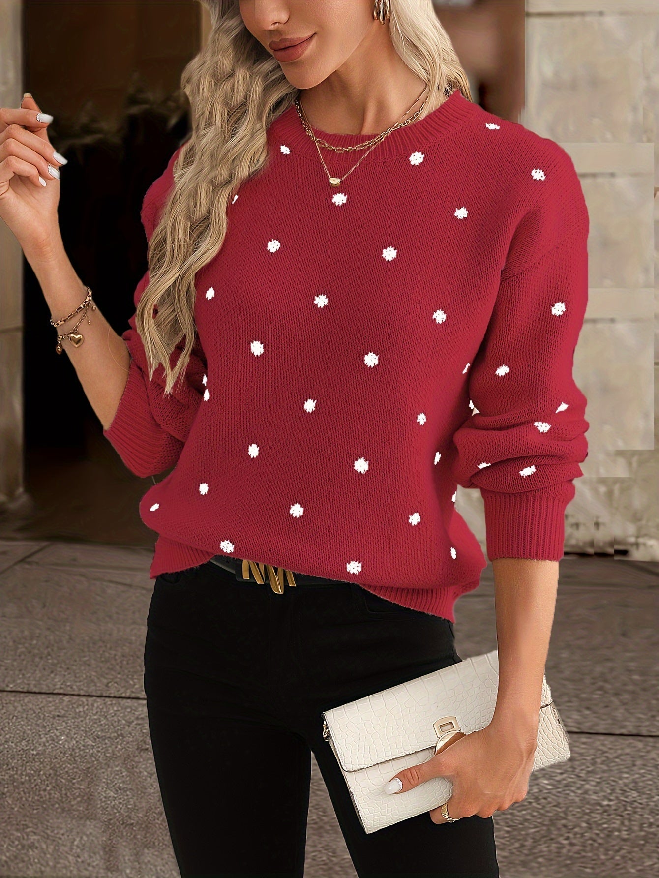 Pull en maille marron à pois clairs pour femme