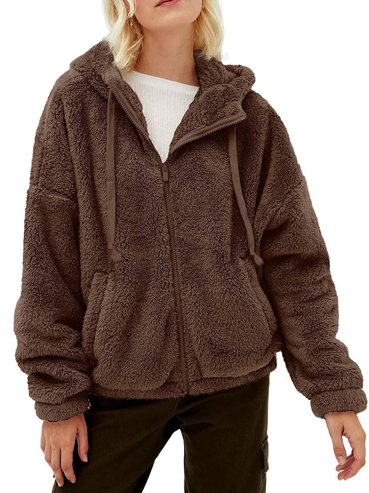 Blouson Polaire Brun Féminin Capuche - LuxeStyle