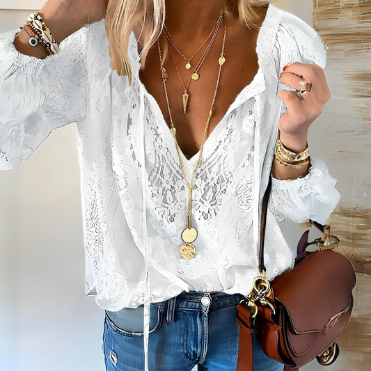 Blouse Féminine en Dentelle - Blouse Chic avec Nœud Délicat - LuxeStyle