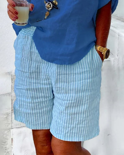 Chemise Lin Femme Bleu Ciel avec Short Marine