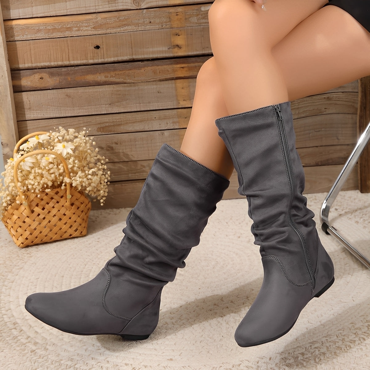 Bottes Femmes Mi-Mollet Plates À Fermeture Éclair Latéral