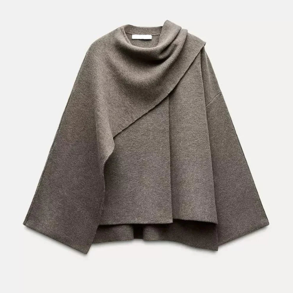 Manteau Femme Élégant Noir avec Col Plissé