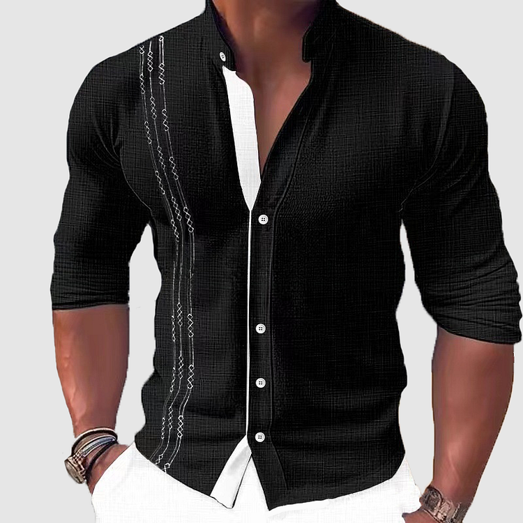 Chemise Homme Noir Élégant à Manches Longues Brodée - LuxeStyle