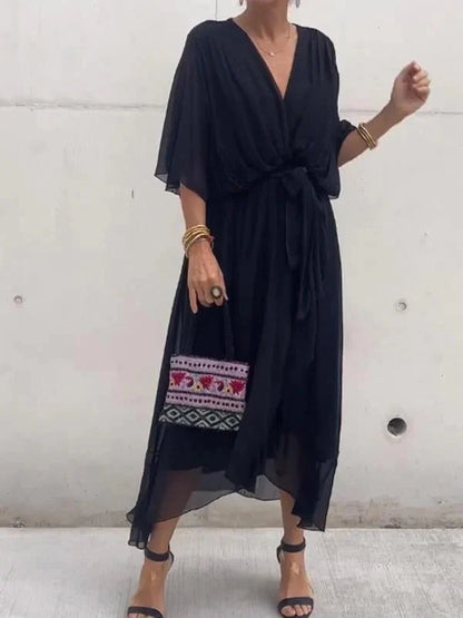 Monica™ – Robe Longue Femme en Mousseline de Soie Élégante Encolure en V