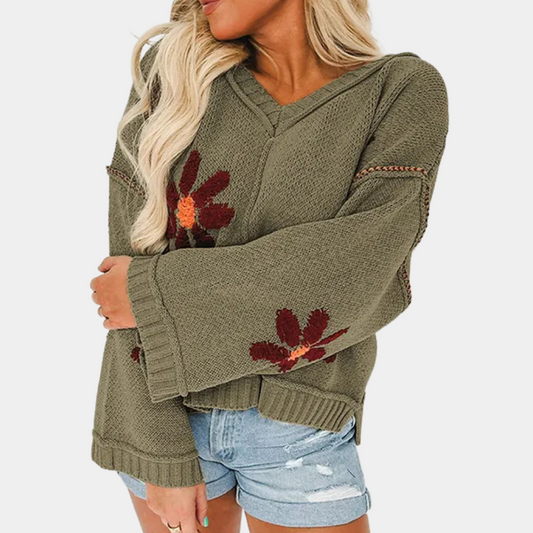 HONORIA - Pull Contemporain en Tricot à Fleurs pour Femmes