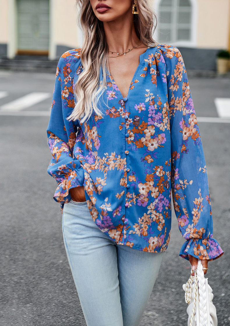 Blouse Féminine Florale - Haut Décontracté à Manches Longues pour Femmes