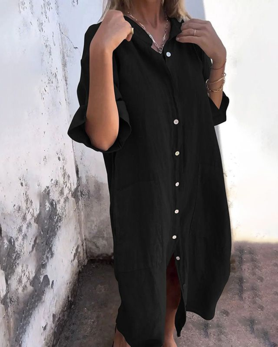 Robe Femme Élégante en Coton - Robe Chemisier Fluide avec Boutons et Ourlet Long