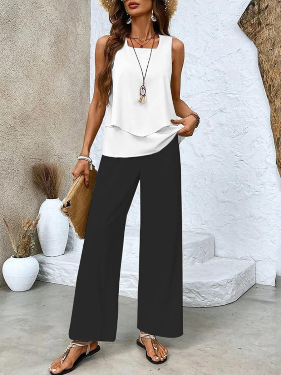 Ensemble Élégant Femme - Robe Imprimée Fleur et Pantalon Taille Parfaite