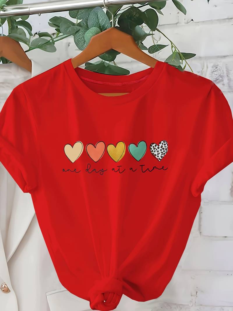 T-Shirt Décontracté à Manches Courtes avec Imprimé Cœurs Colorés pour Femme