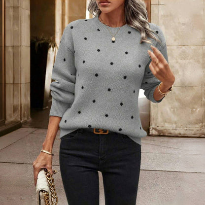 Pull femme en maille marron à pois blancs