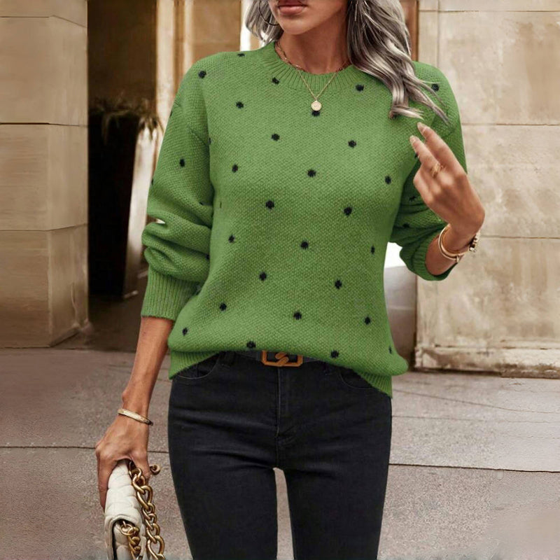 Pull femme en maille marron à pois blancs