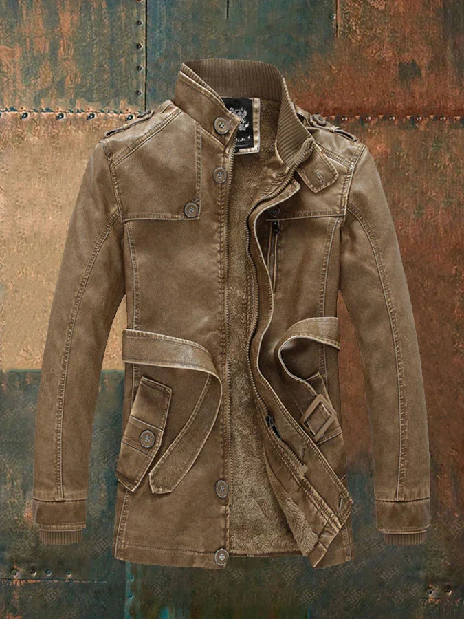 Veste Cuir Homme Chic Rétro - Doublure Fleece & Fermeture Élégante