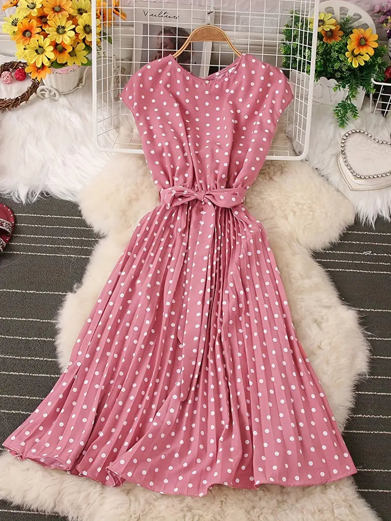 Robe Plissée Femme Élégante – Motif Pois Classique & Taille Avantageuse