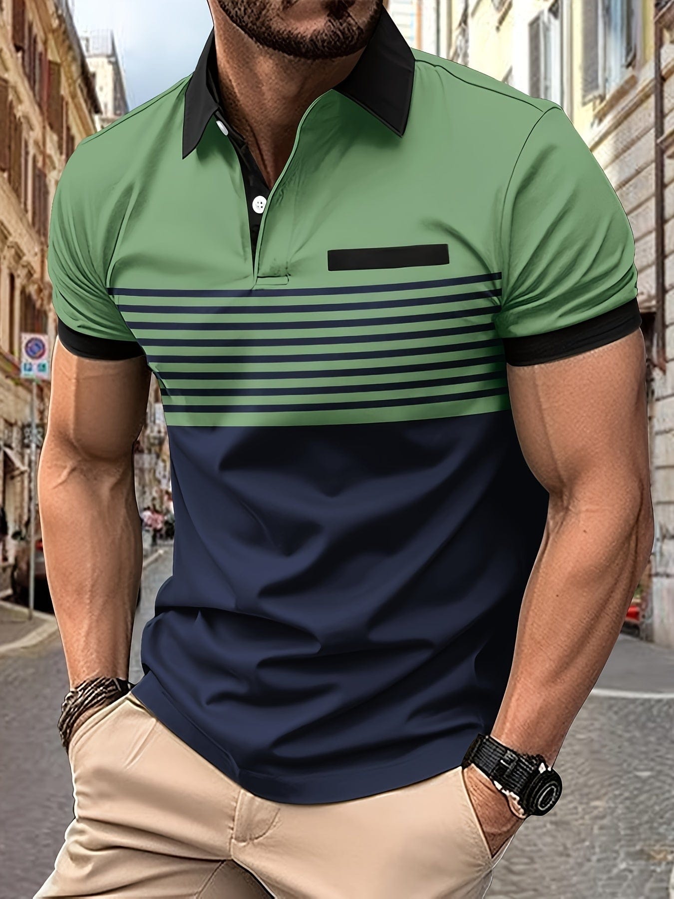Polo Homme Marine à Rayures Courtes Manches