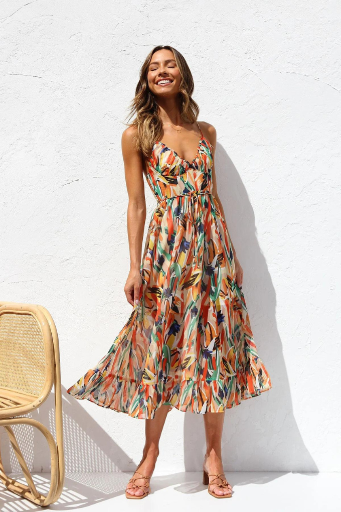 Robe Été Mi-Longue Col V pour Femme - LuxeStyle