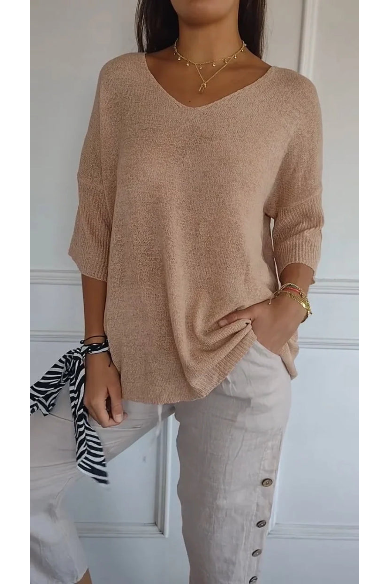 Top Élégant Col En V Manche Longue Femme