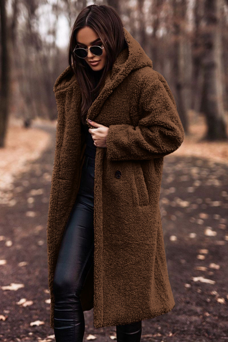 Manteau femme hiver faux cuir marron avec capuchon