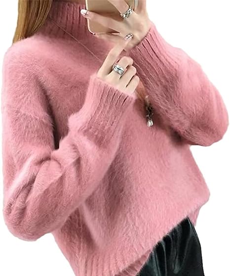 Pull Femme Hiver Rose Doux Col Montant - LuxeStyle