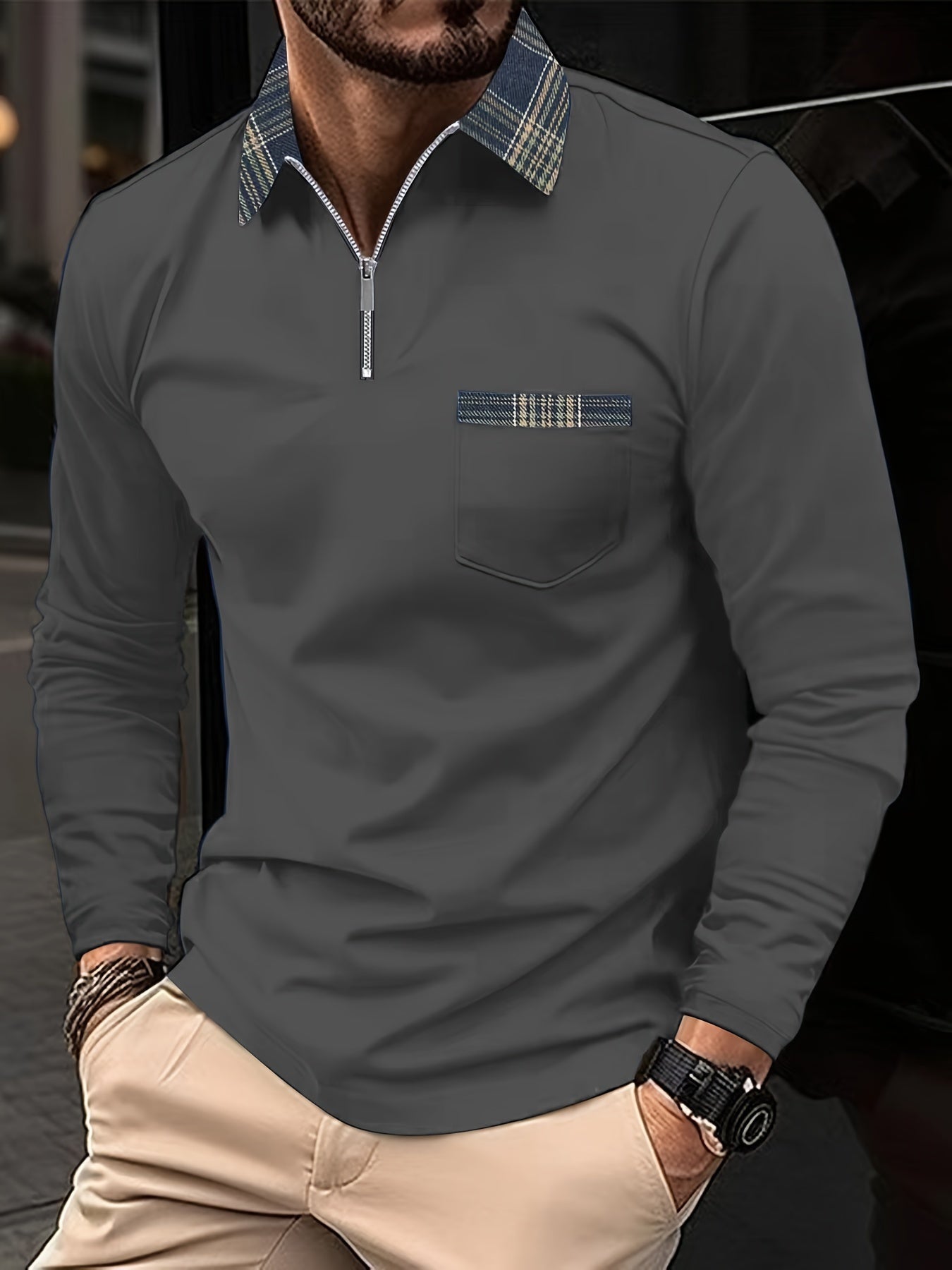 Polo Homme Manches Longues – Col Zippé Élégant Motif Écossais