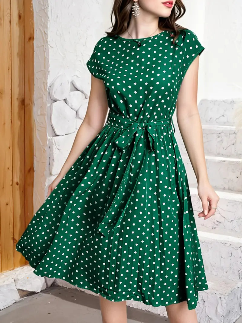 Robe Plissée Femme Élégante – Motif Pois Classique & Taille Avantageuse