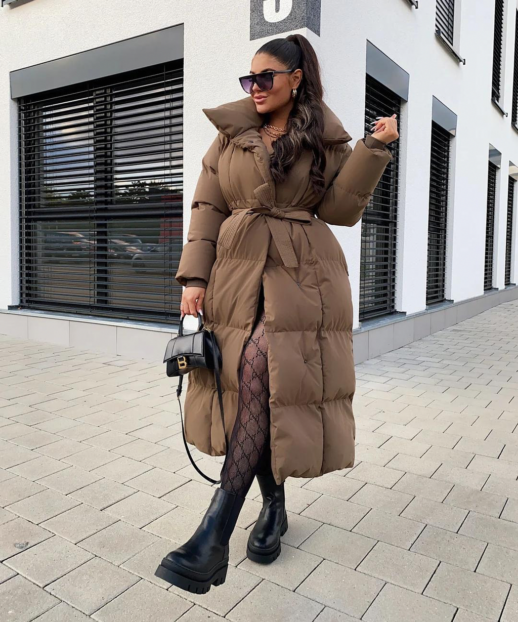 Manteau femme long doublé noir élégant ceinturé