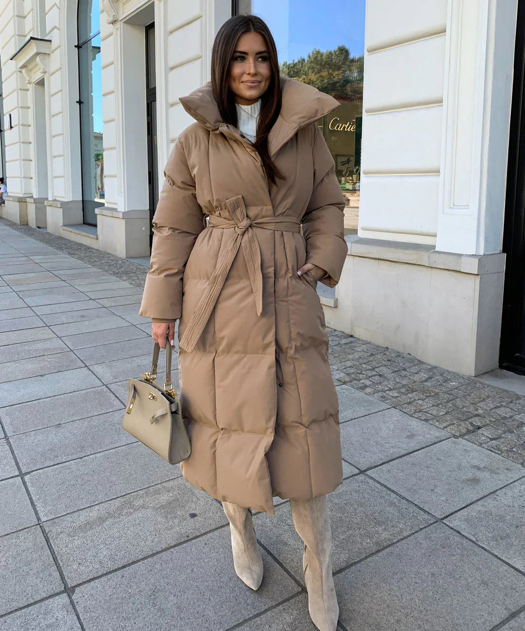 Manteau femme long doublé noir élégant ceinturé