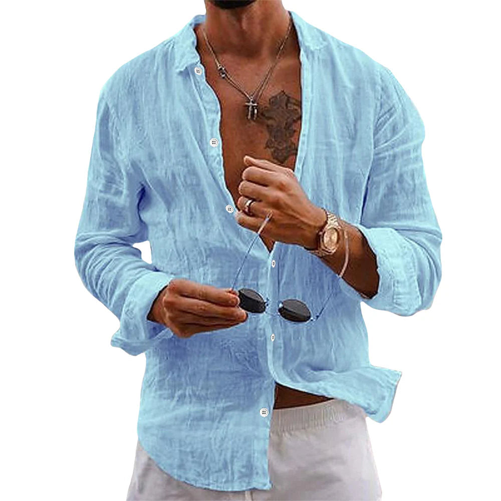Chemise Homme Lin Fresh Élégante Manches Longues