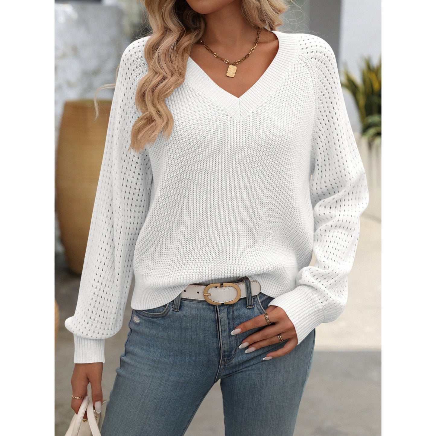 Pull Femme Rose Col en V Élégant