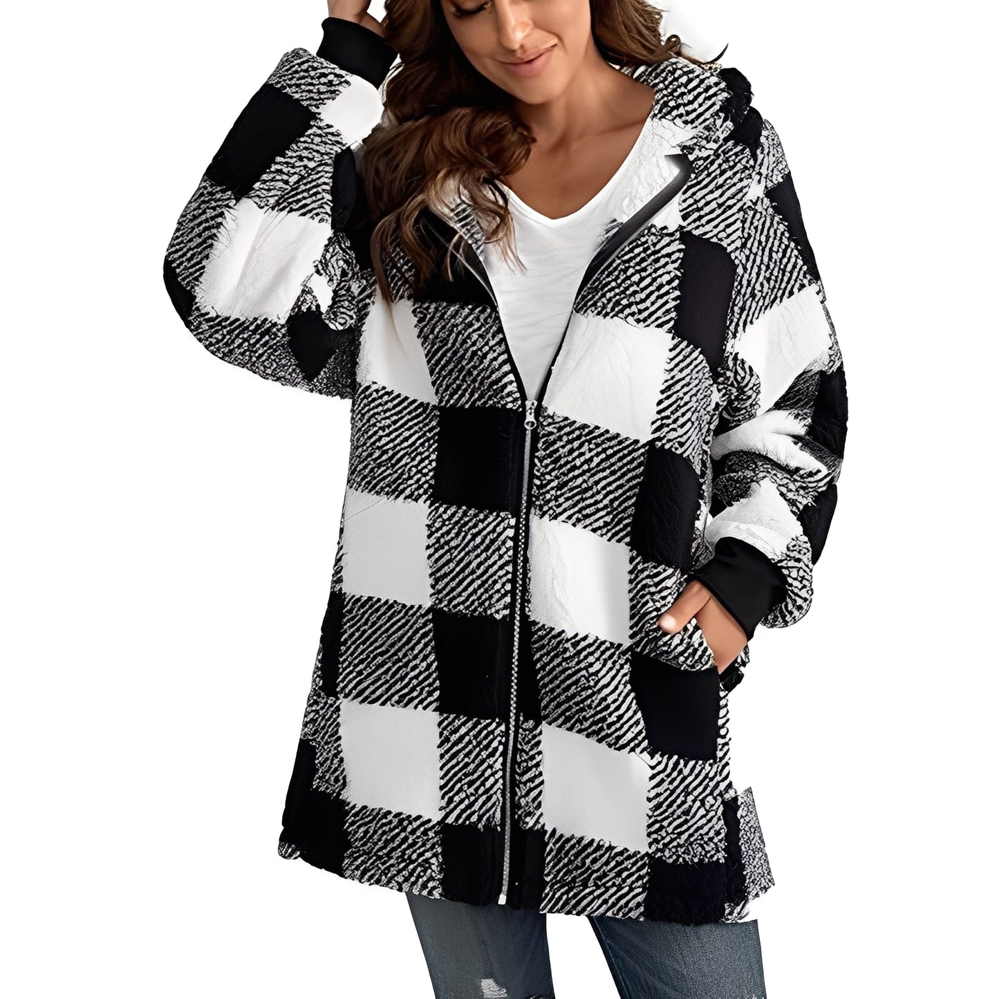 Veste à Capuche Femme Hiver Douce et Chaude à Carreaux