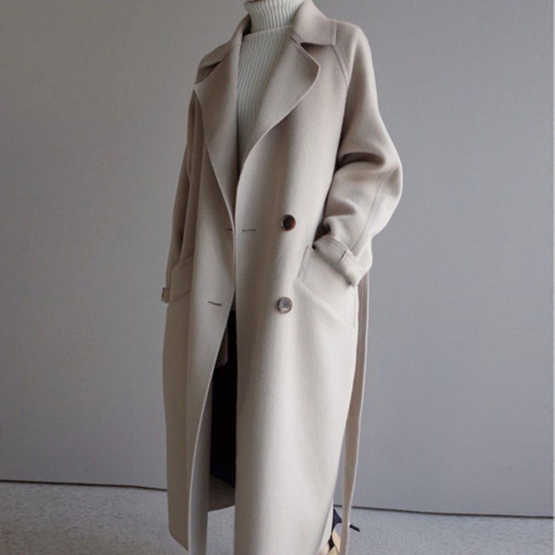 Manteau femme élégant en laine mi-long avec ceinture taille - LuxeStyle