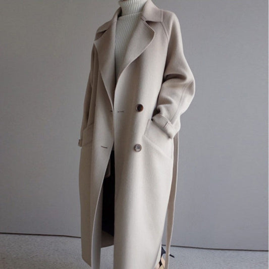 Manteau femme élégant en laine mi-long avec ceinture taille - LuxeStyle